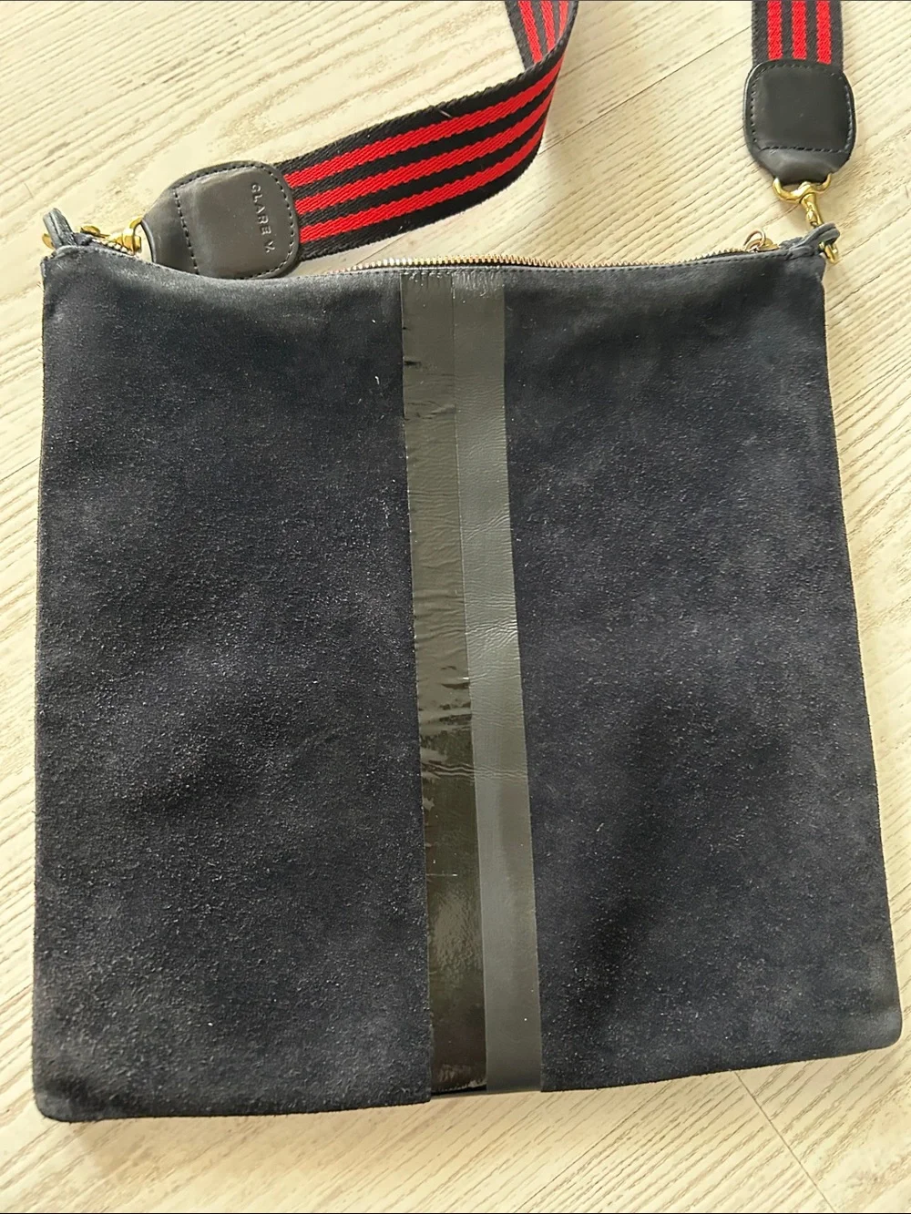 Clare V Black Suede Crossbody Bag with Red-Striped Strap
